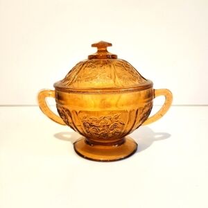 *3 for $30* Vintage Floral Amber Glass Sugar Or Candy Bowl with Lid